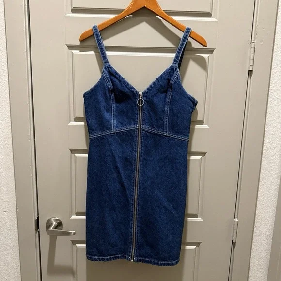 TOPSHOP MOTO Zip Front Denim Dress in Indigo Size 8 Bodycon Mini V-Neck EUC - Picture 1 of 9